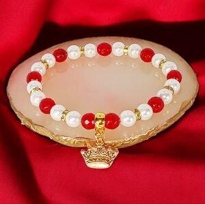 Chalcedony Mother of Pearl Charm Bracelet with Crown Cherry Girl Castlecore Y2K